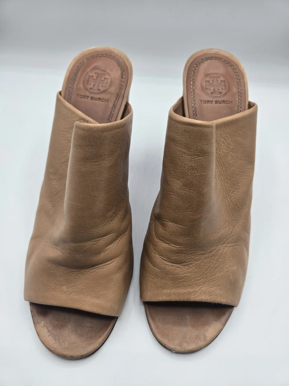Tory Burch Tan Leather Peep Toe Mule Sandals Wooden Block Heel Size 8